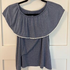 Old Navy Girls XL 14 Blue Pom Pom Ruffle Off Shoulder Knit Top Heathered Boho